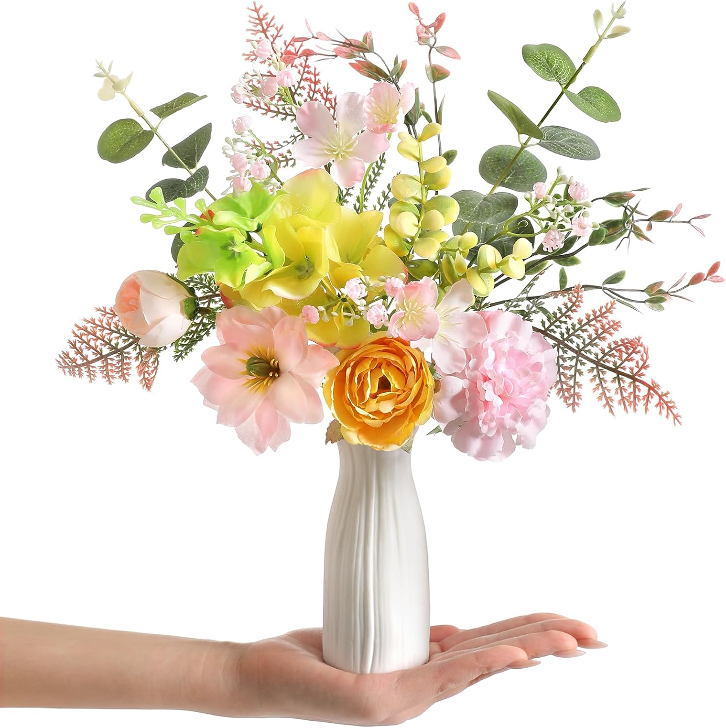 Farmhouse Blue Artificial Flowers — 11" — Yellow Pink