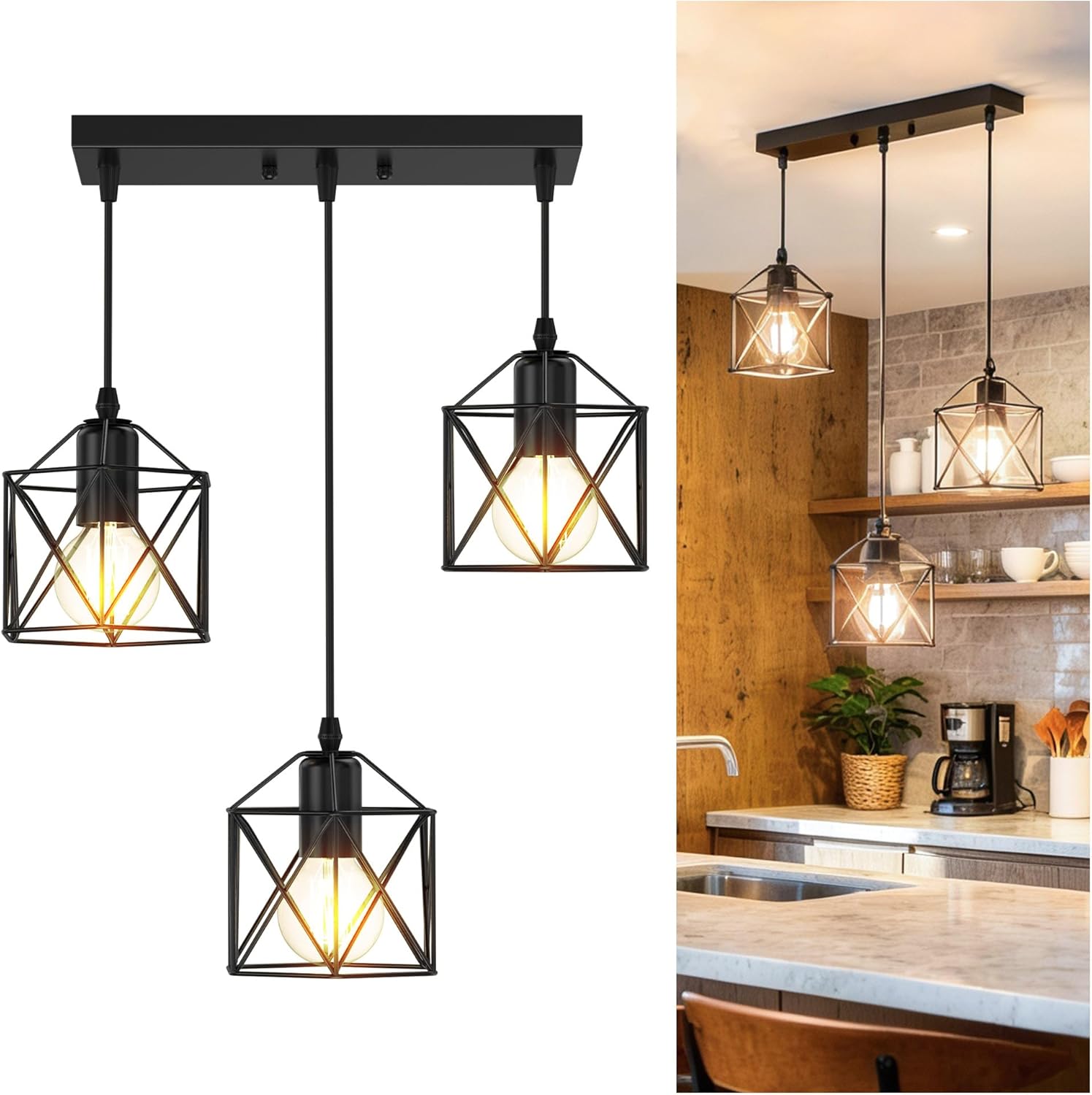 Adjustable Farmhouse Beige Pendant Light — 3-Light — Long Base Metal Pendant - 3-Light (Black)