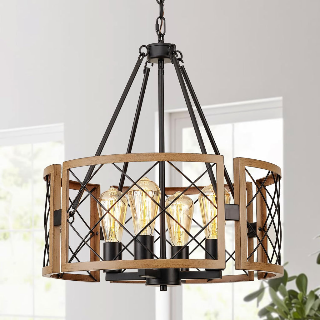 Adjustable Farmhouse Grey Chandelier — 4-Light — Dark Oak
