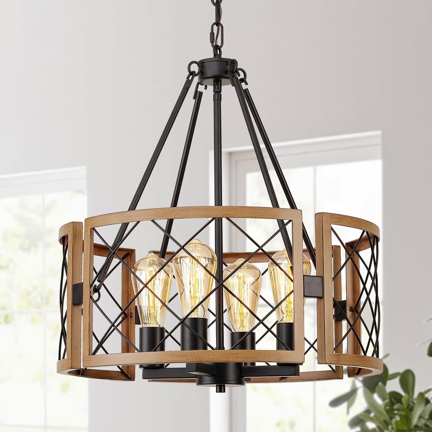 Adjustable Farmhouse Grey Chandelier — 4-Light — Dark Oak
