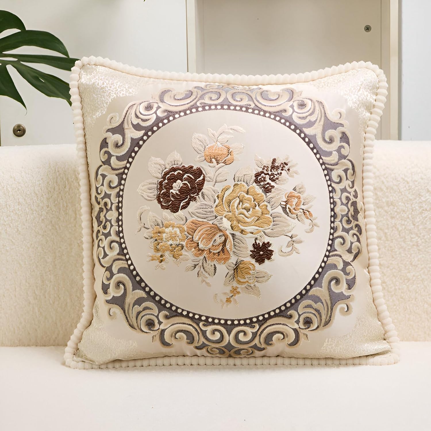 Embroidered Boho Beige Throw Pillow Cover — 18" — Coffee Cream Beige 2pcs
