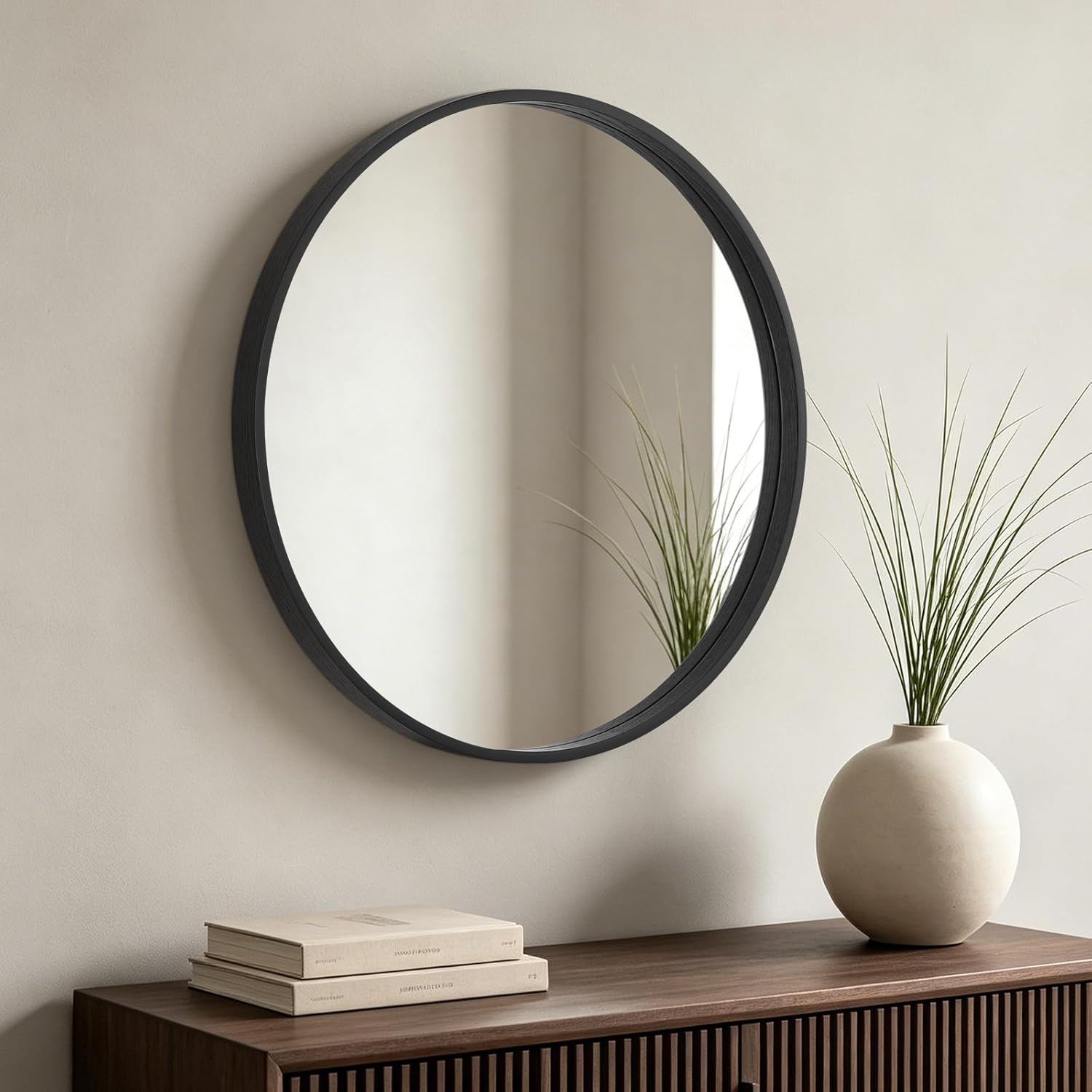 Framed Farmhouse Beige Wall Mirror — 24" — Black