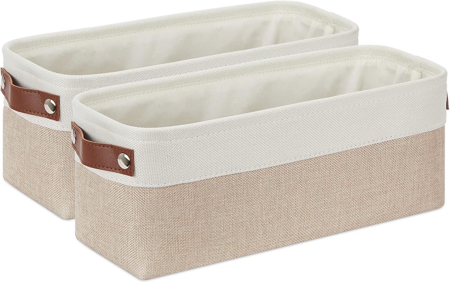 Beige Storage Basket — 17" — White&Khaki-Leather Handles