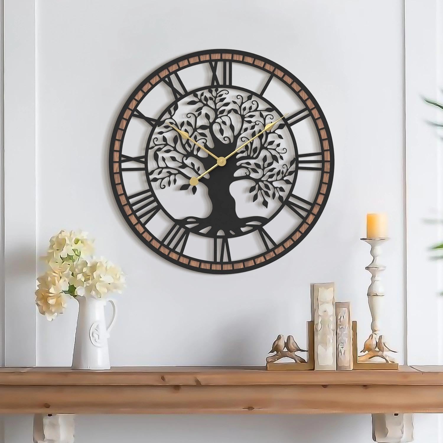 Battery Operated Farmhouse Wood Wall Clock — 24" — Tree