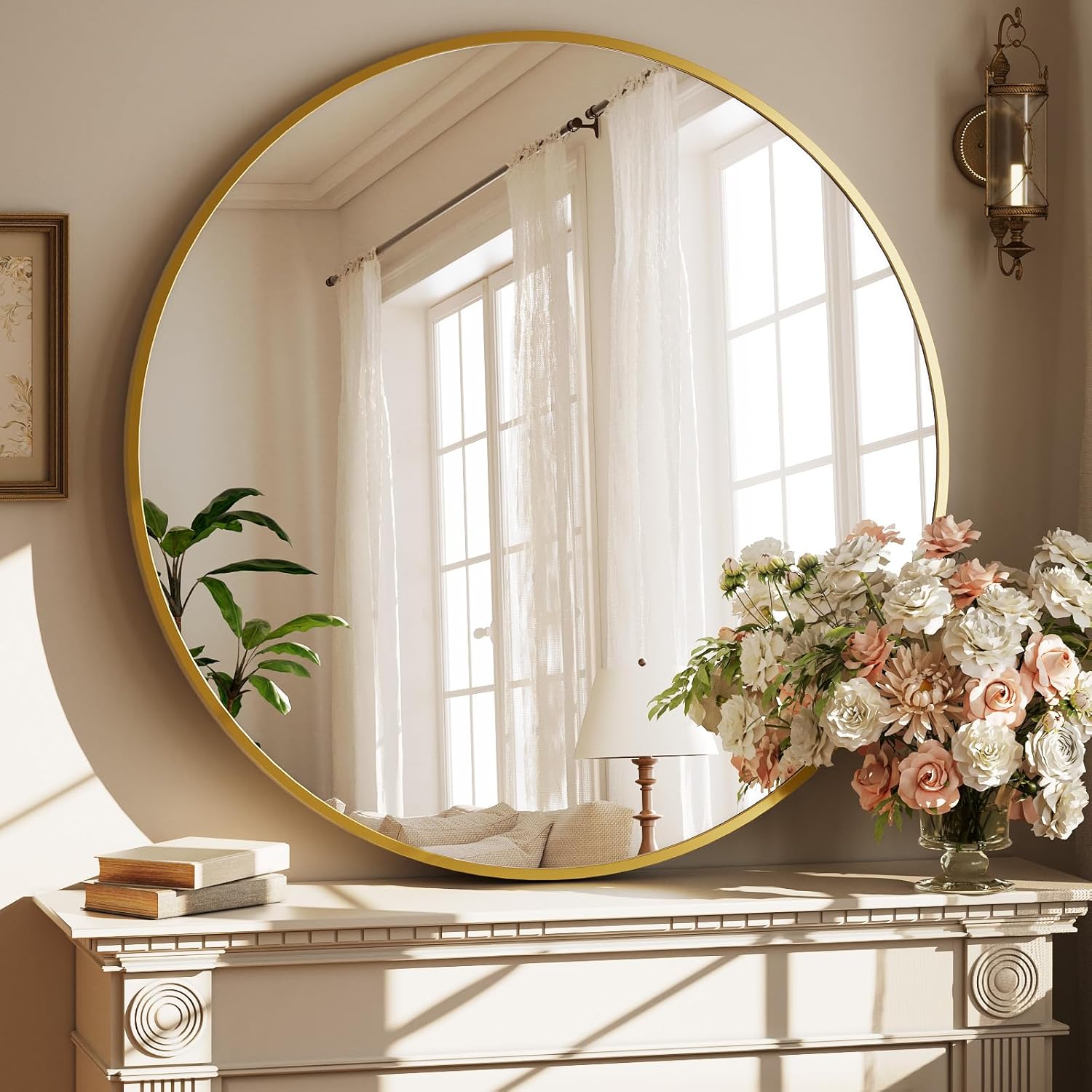 Round Modern Black Wall Mirror — 30" — Gold