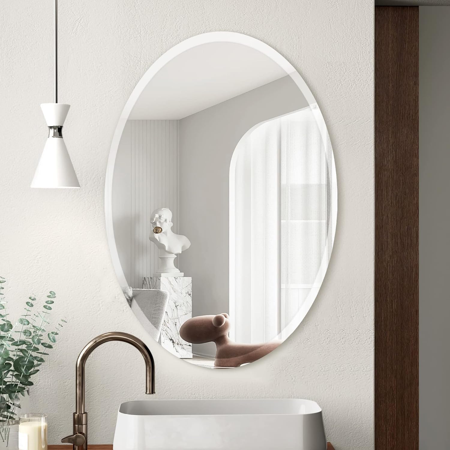 Beveled Beige Wall Mirror — 24" — Oval