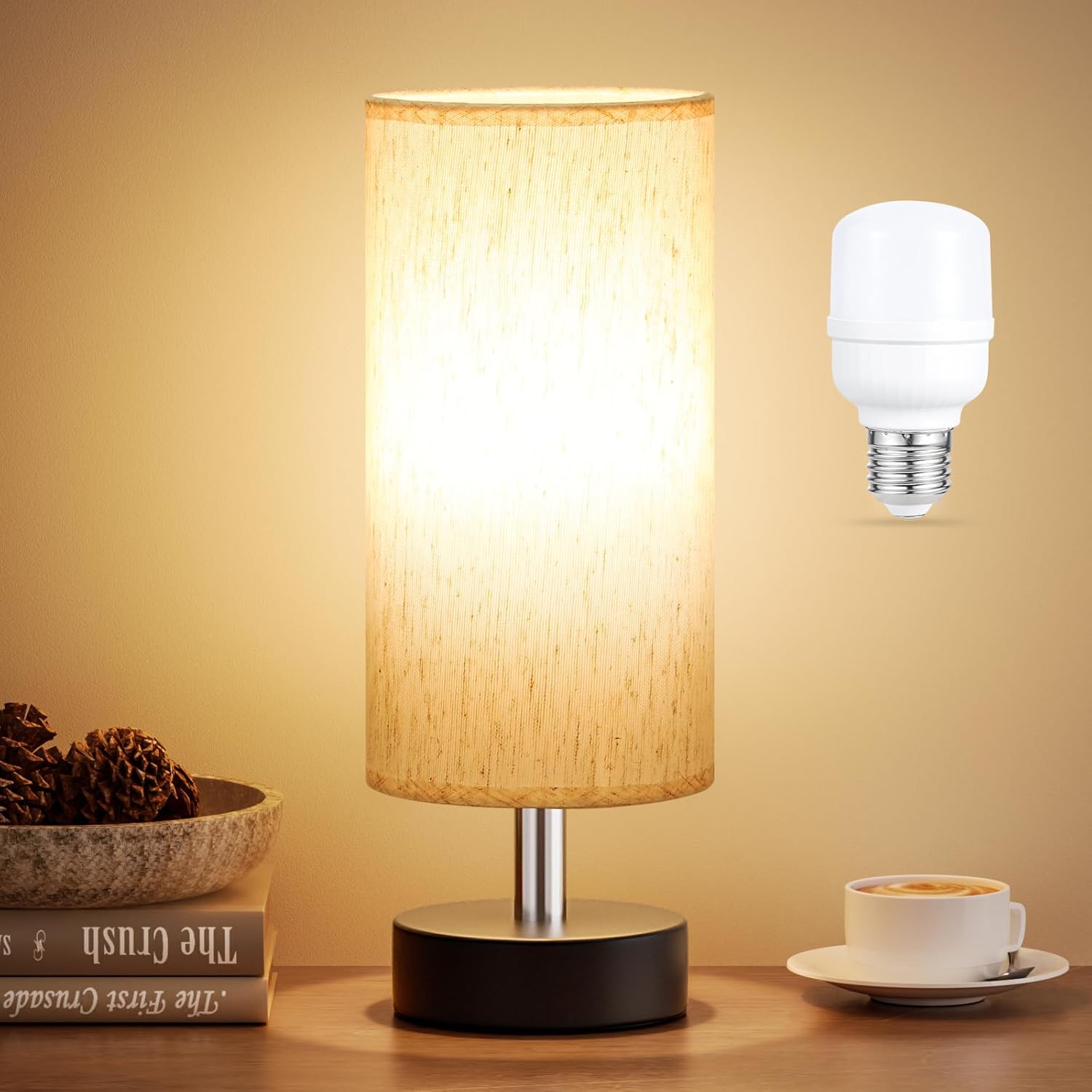 Modern Beige Bedside Lamp — 11.6" — Cream Shade-Black Base with Bulb