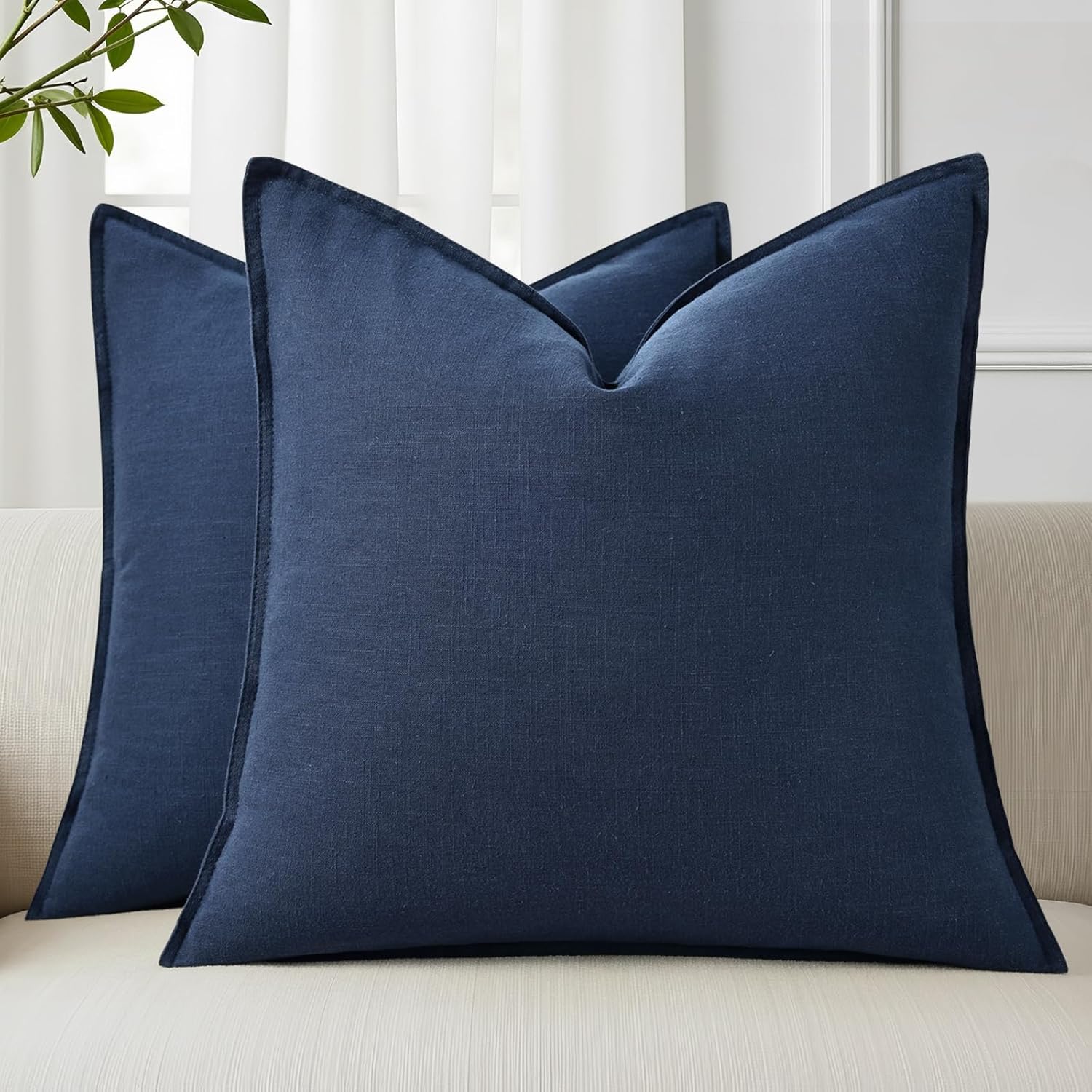 Linen Boho Beige Throw Pillow Cover — 20" — Navy Blue