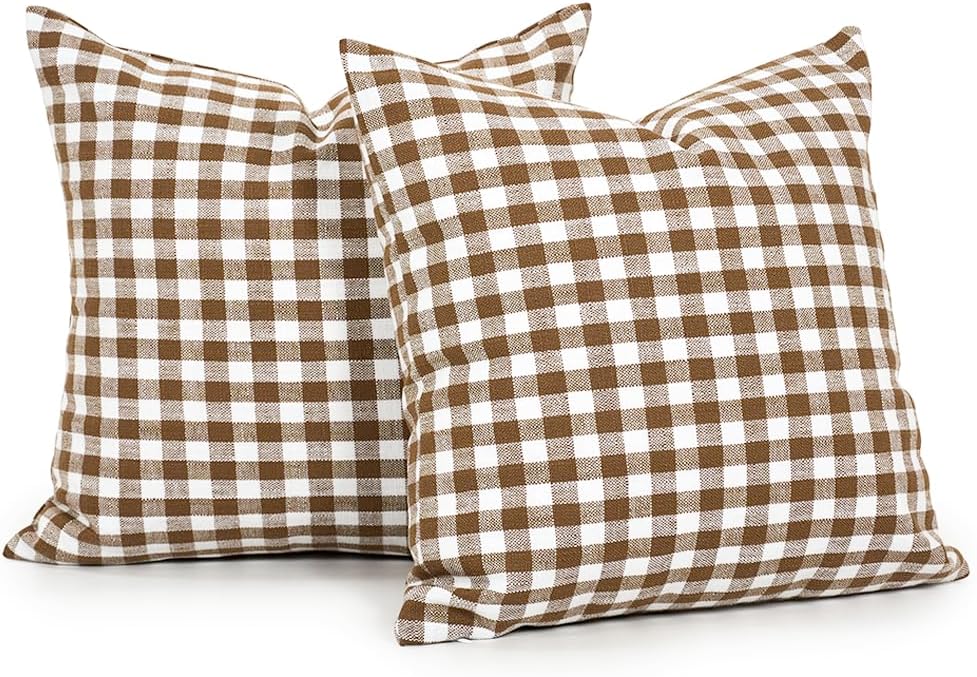 Farmhouse Beige Pillow Cover — 20" — Khaki & White Gingham Set of 2