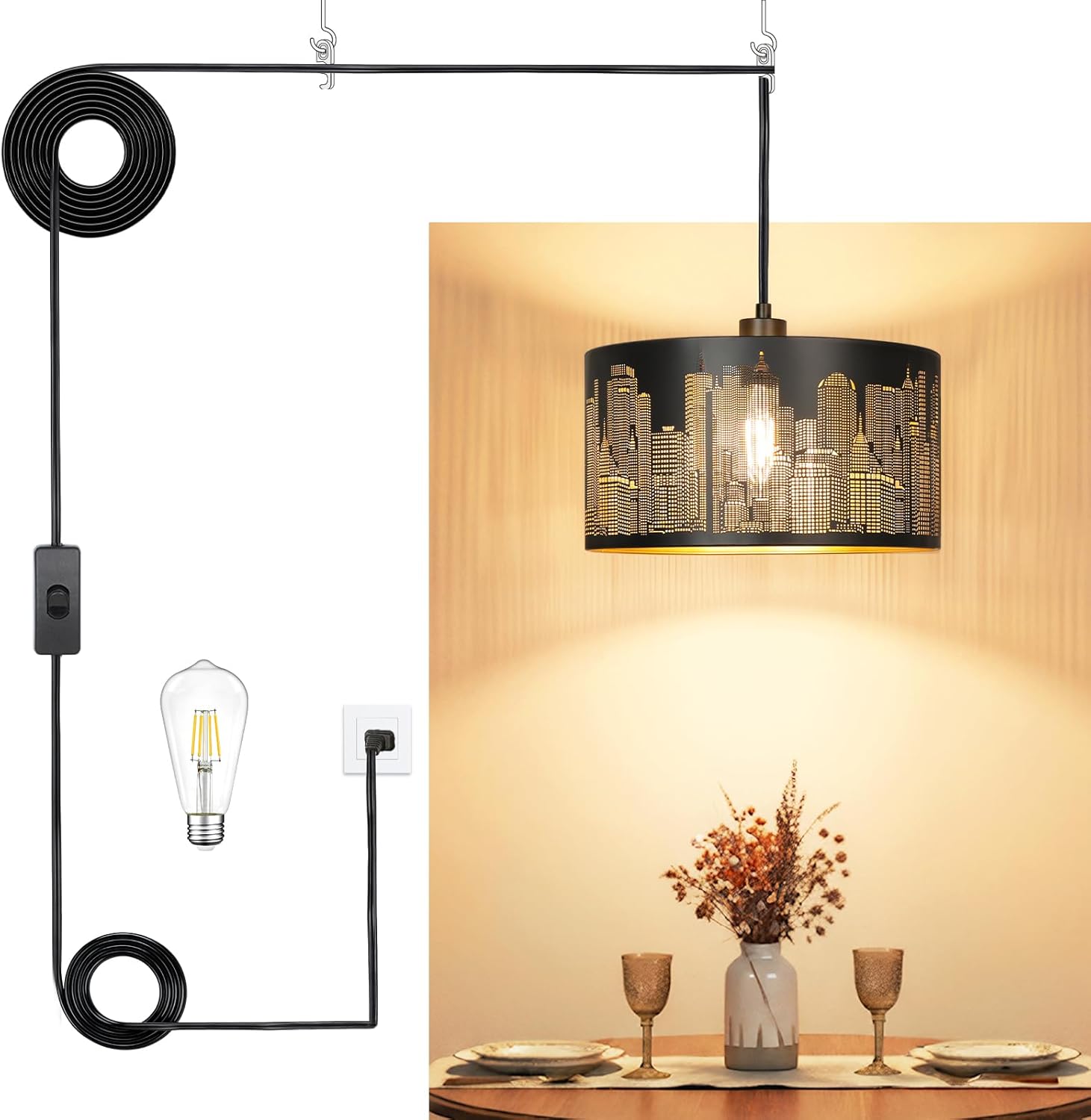 Dimmable Boho Fabric Pendant Light — Black Cityscape/1
