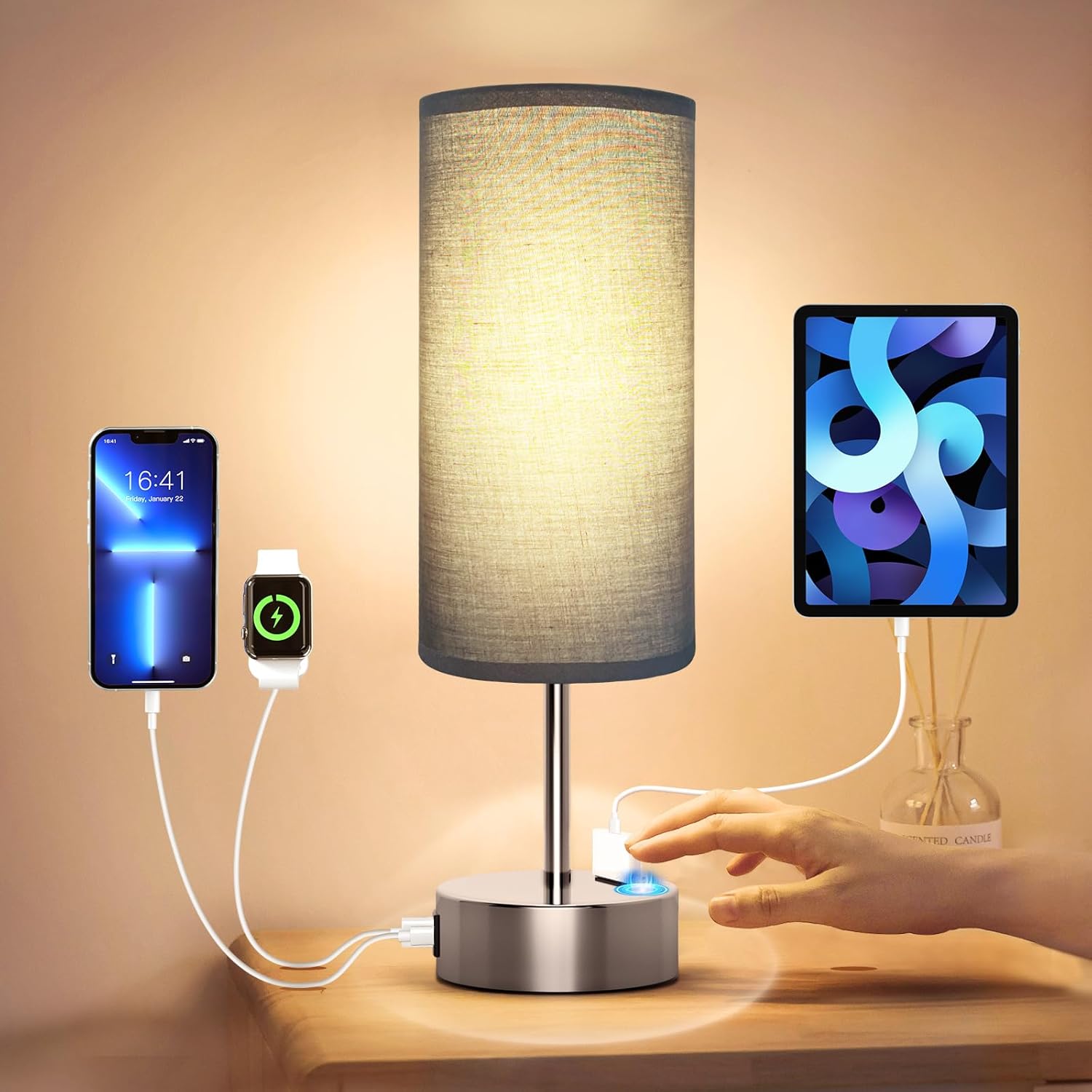 Dimmable Beige Bedside Lamp — 14" — 14" Small Size Touch Control