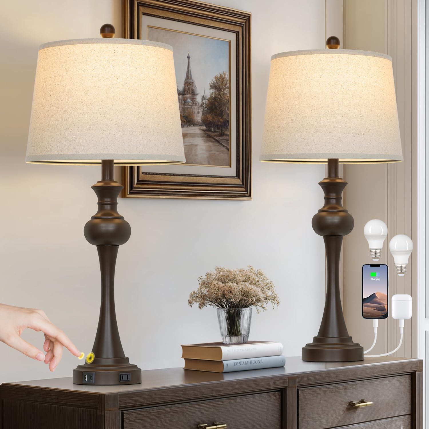 Dimmable Modern Black Bedside Lamp — 28.75" — Brown
