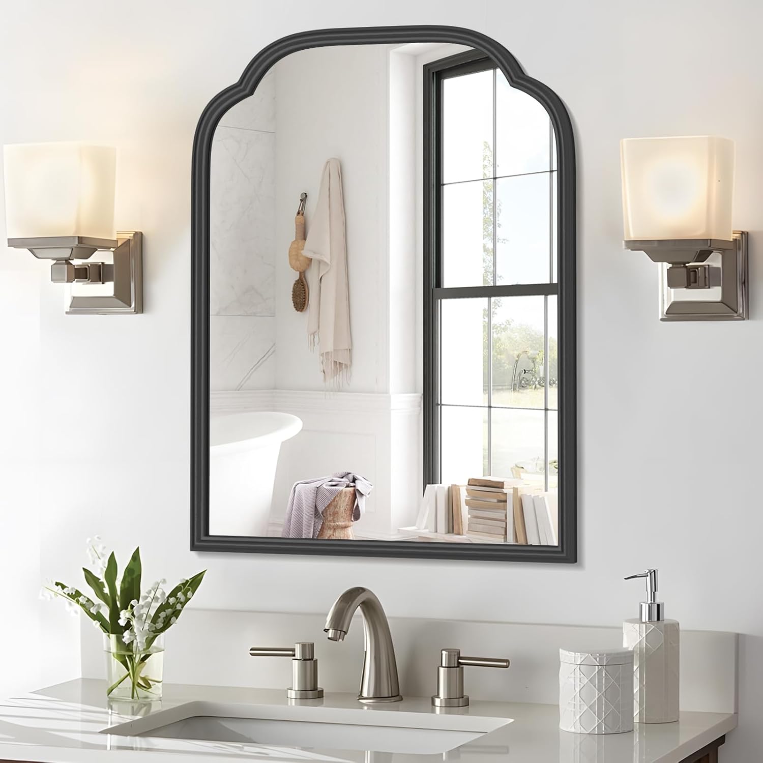 Framed Luxe Beige Vanity Mirror — 30" — Black