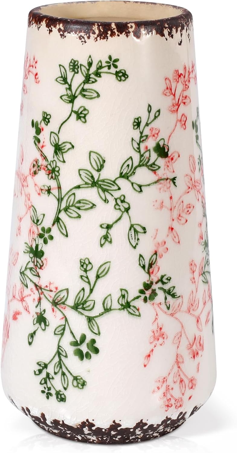 Farmhouse Beige Flower Vase — Small Green & Pink-a
