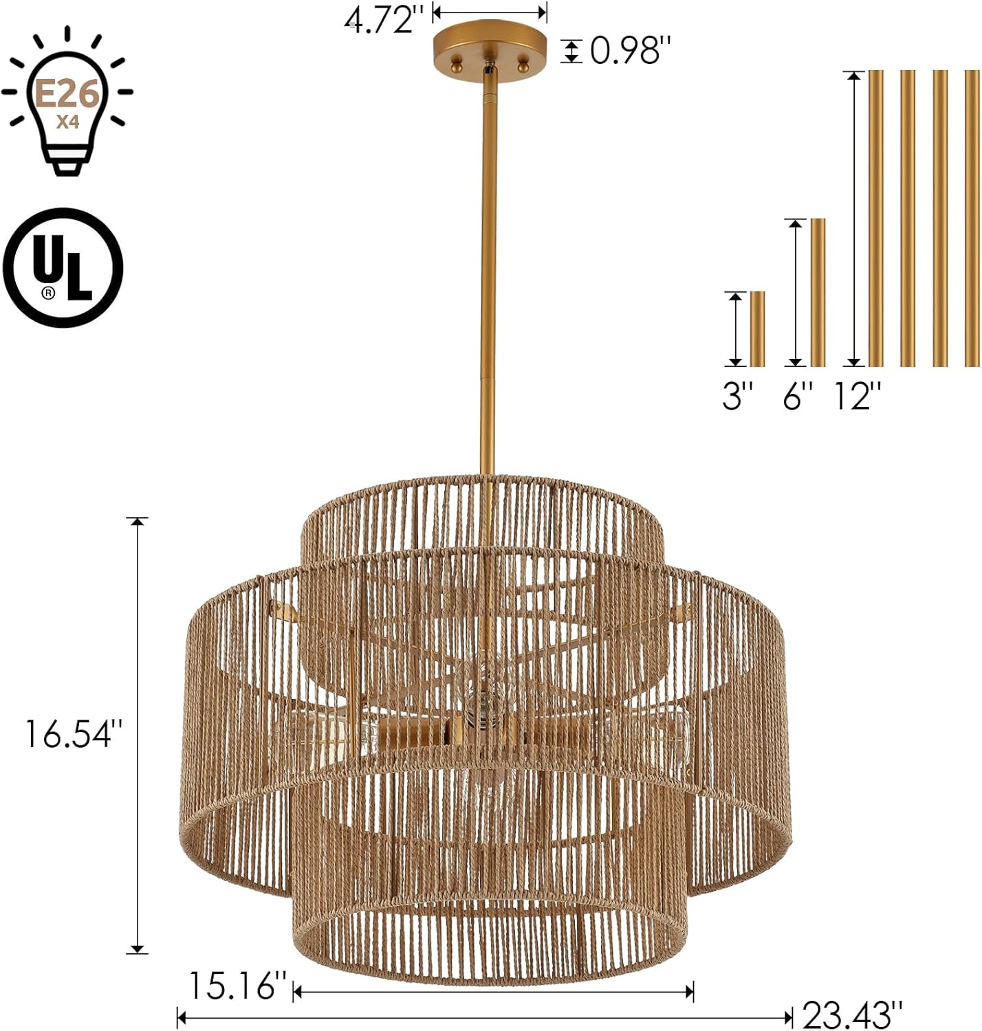 Adjustable Boho Beige Chandelier — 4-Light - View 5