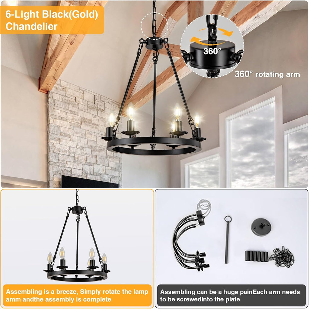 Adjustable Farmhouse Black Chandelier — 6-Light - View 4
