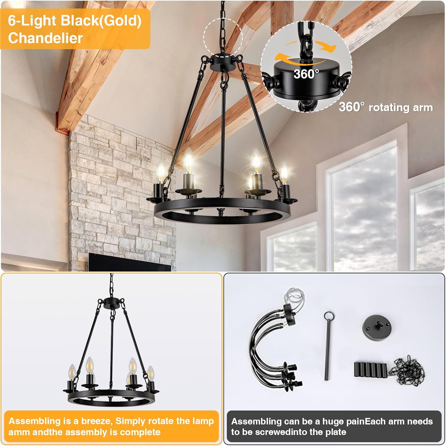 Adjustable Farmhouse Black Chandelier — 6-Light - View 4