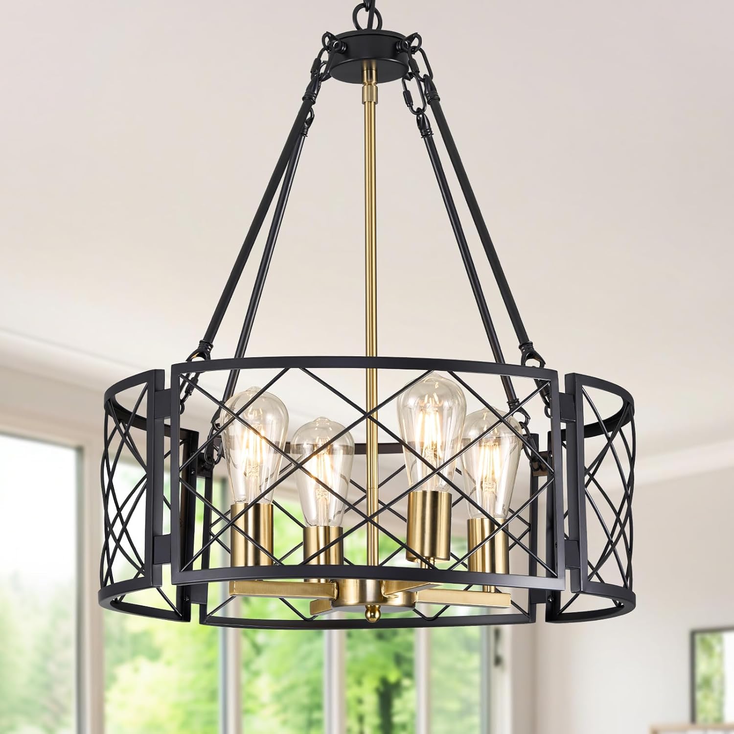 Farmhouse Black Chandelier — 6-Light — Black and Gold-20"(Easy to Install)