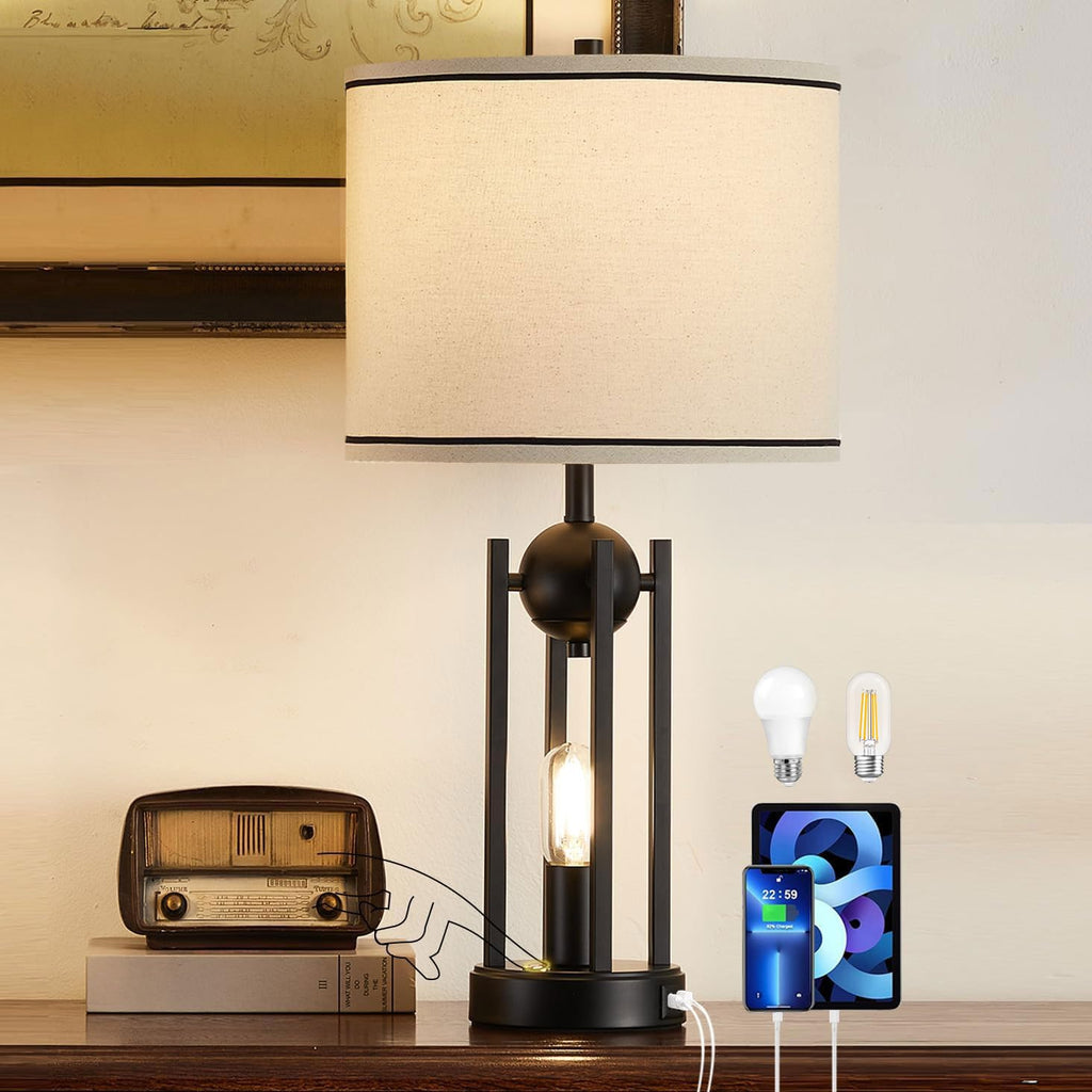 USB Farmhouse Black Bedside Lamp — 25"