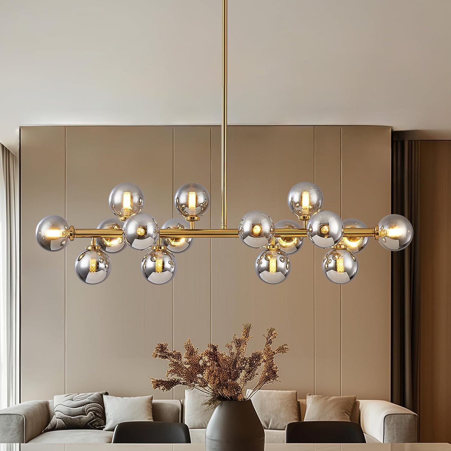 Mid-Century Black Chandelier — 16-Light — Gold (with Somke Grey Lampshade)