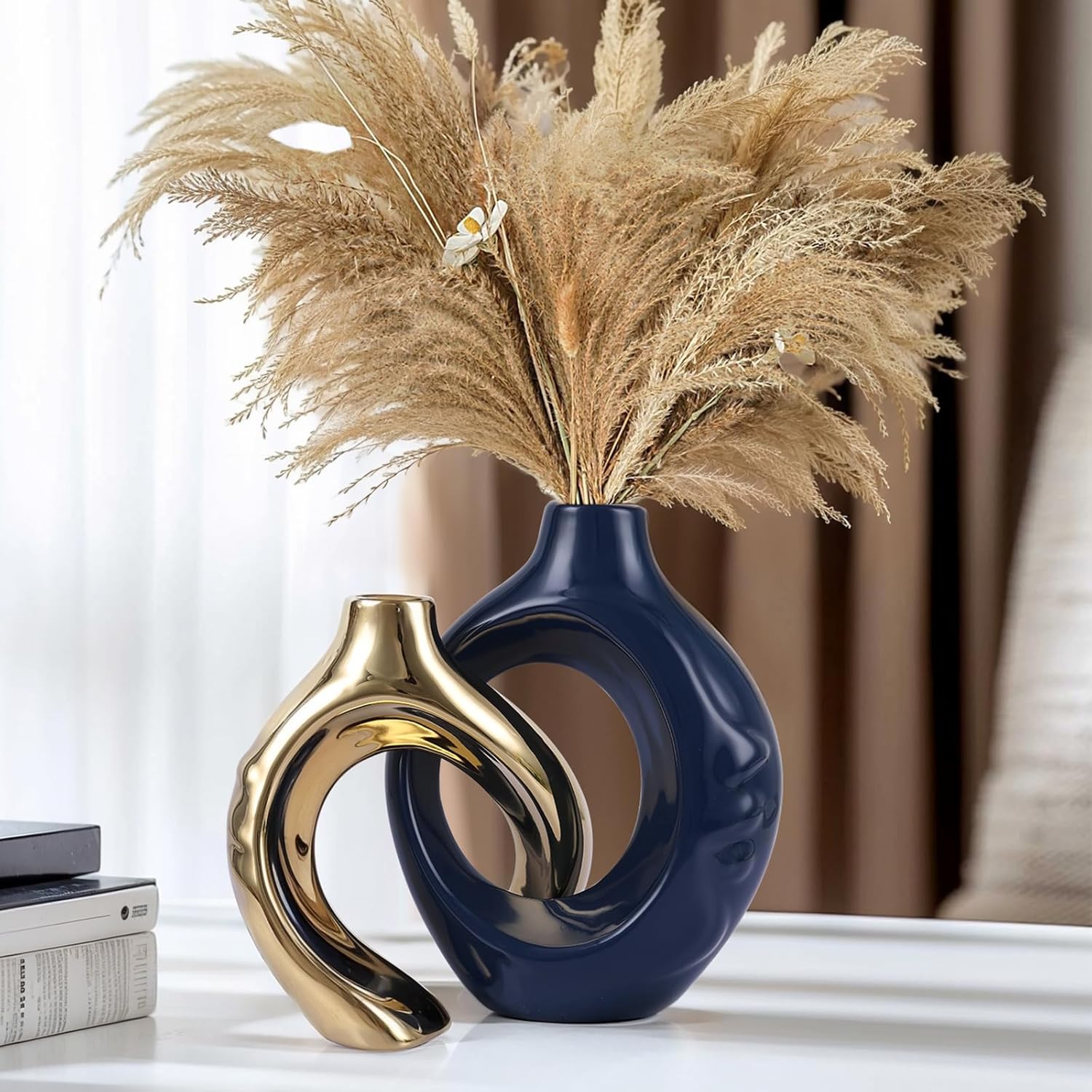 Round Boho Blue Vase Set — Set of 2 — Blue