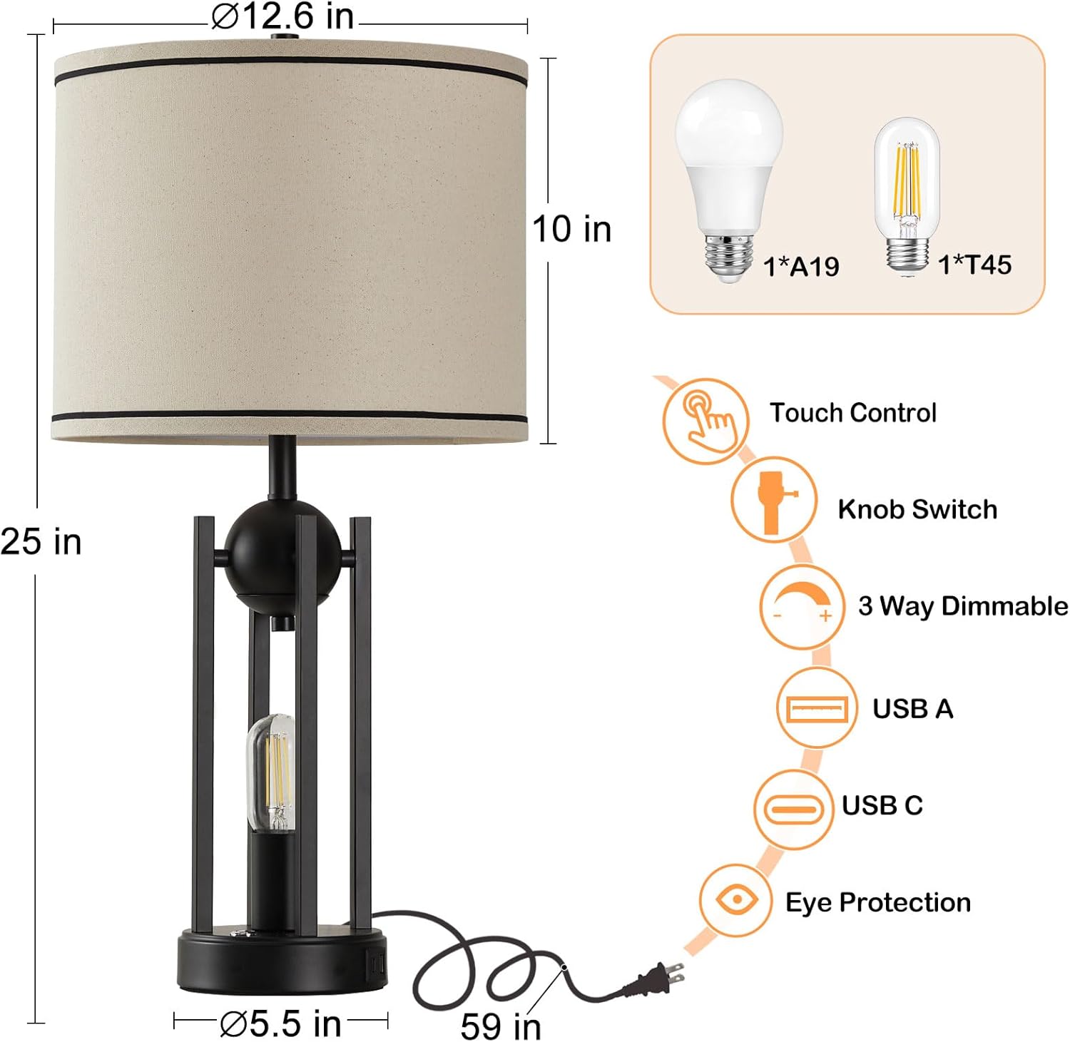 USB Farmhouse Black Bedside Lamp — 25" - View 8