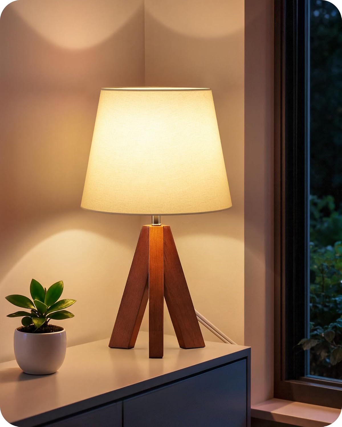 Linen Modern Beige Bedside Lamp — 6" — White+Pearwood