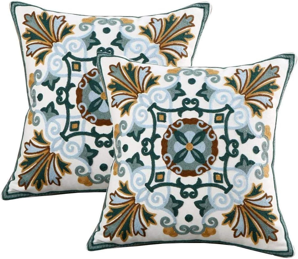 Embroidered Boho White Throw Pillow Cover — 18x18 — Pattern B