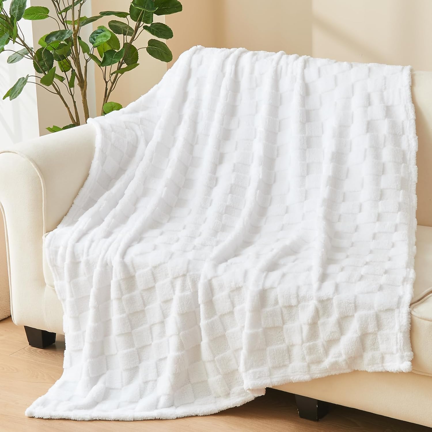 Beige Throw Pillow — 50" — White Checkered