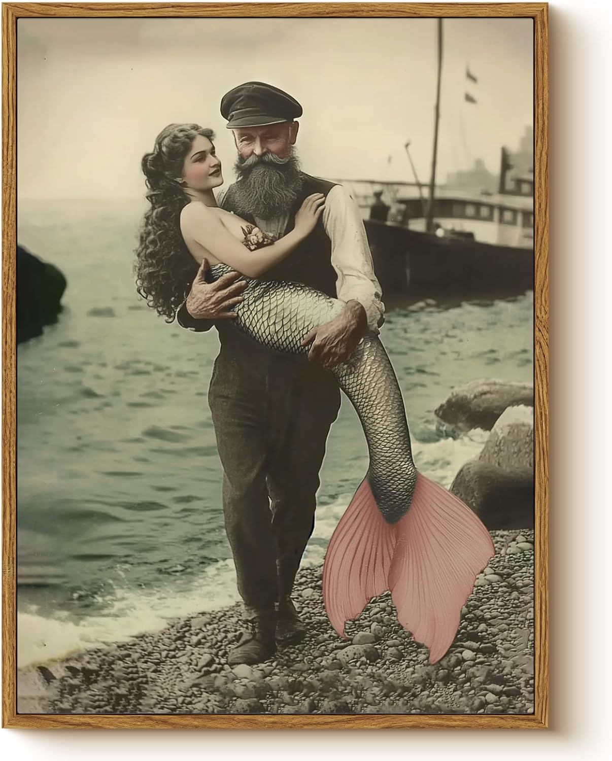 Vintage Orange Framed Wall Art — 16" — Mermaid