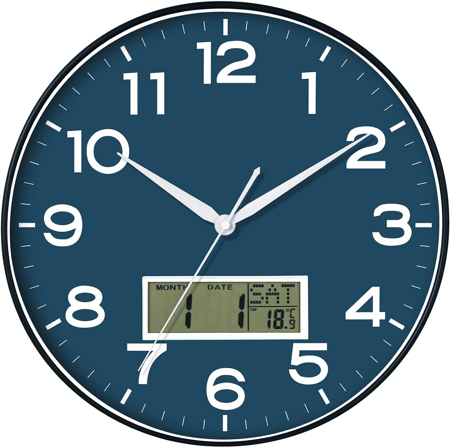 Battery Operated Black Wall Clock — 18" — S_lcd Blue