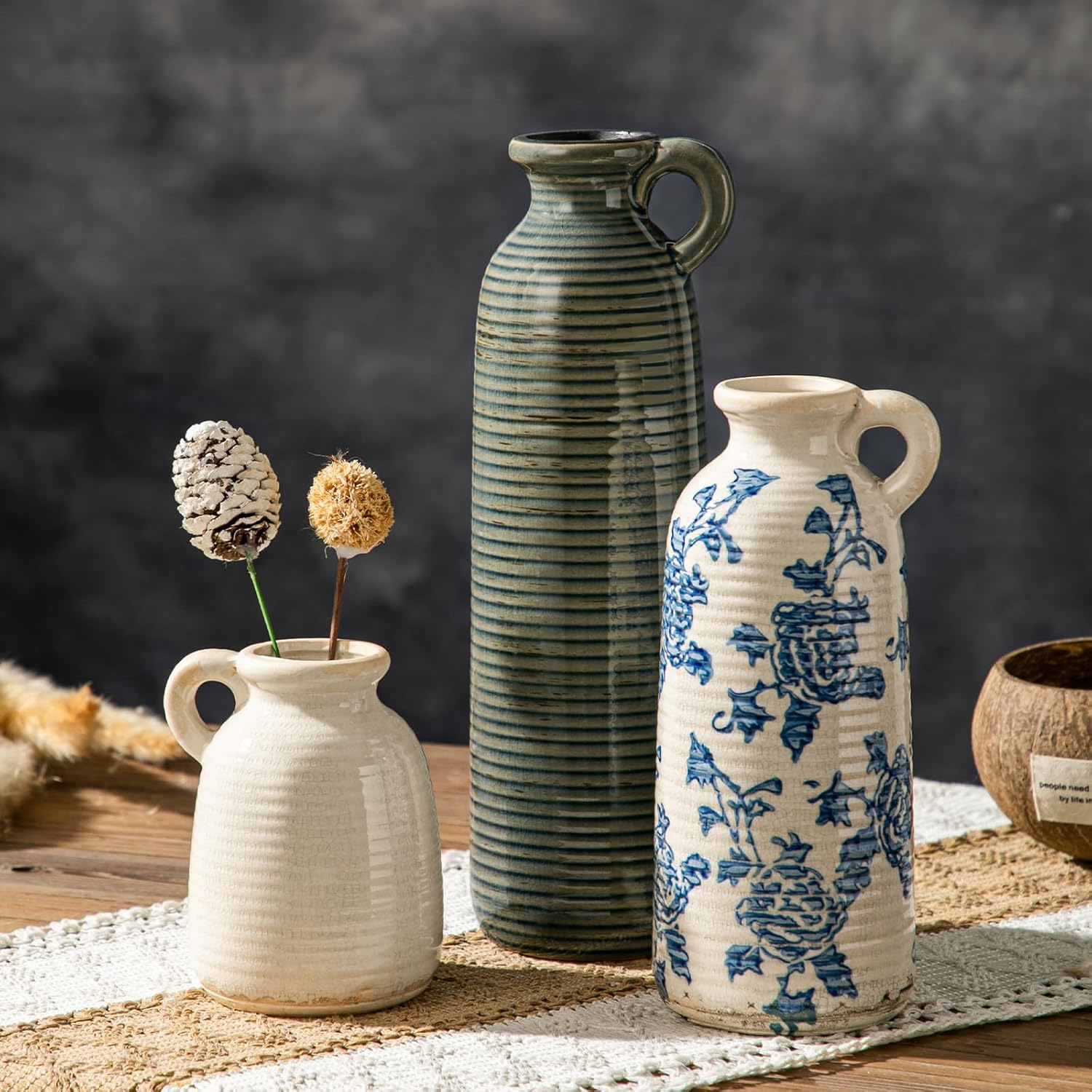 Farmhouse Blue Flower Vase — Set of 3 — Blue Flower