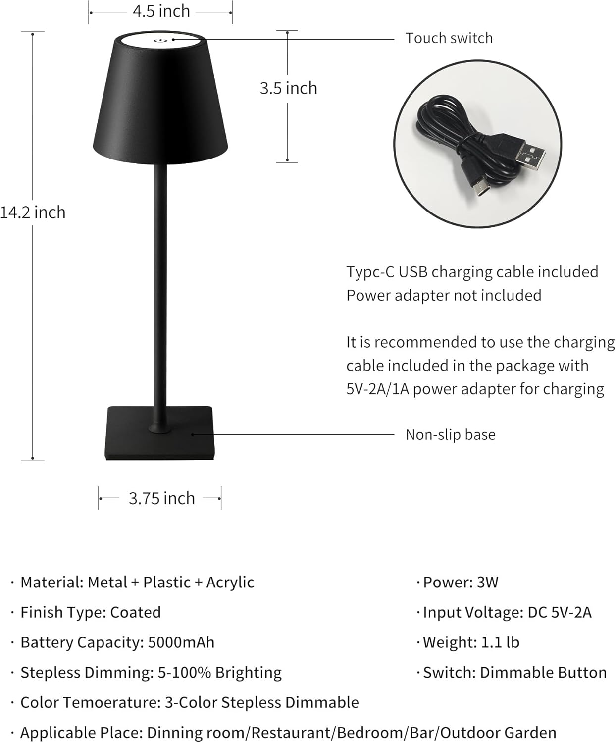 Cordless Black Desk Lamp - View 5