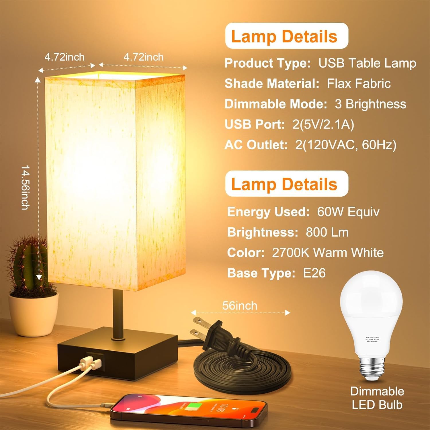 Dimmable Fabric Bedside Lamp — 5" - View 4