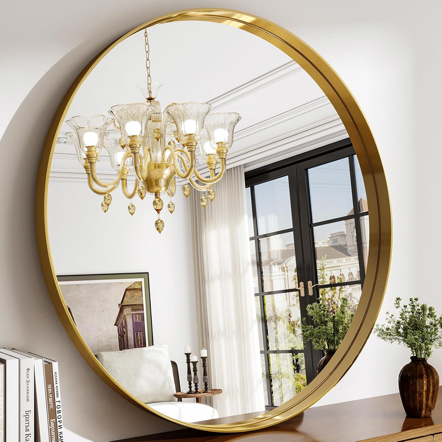 Round Modern Black Mirror — 24" — Gold