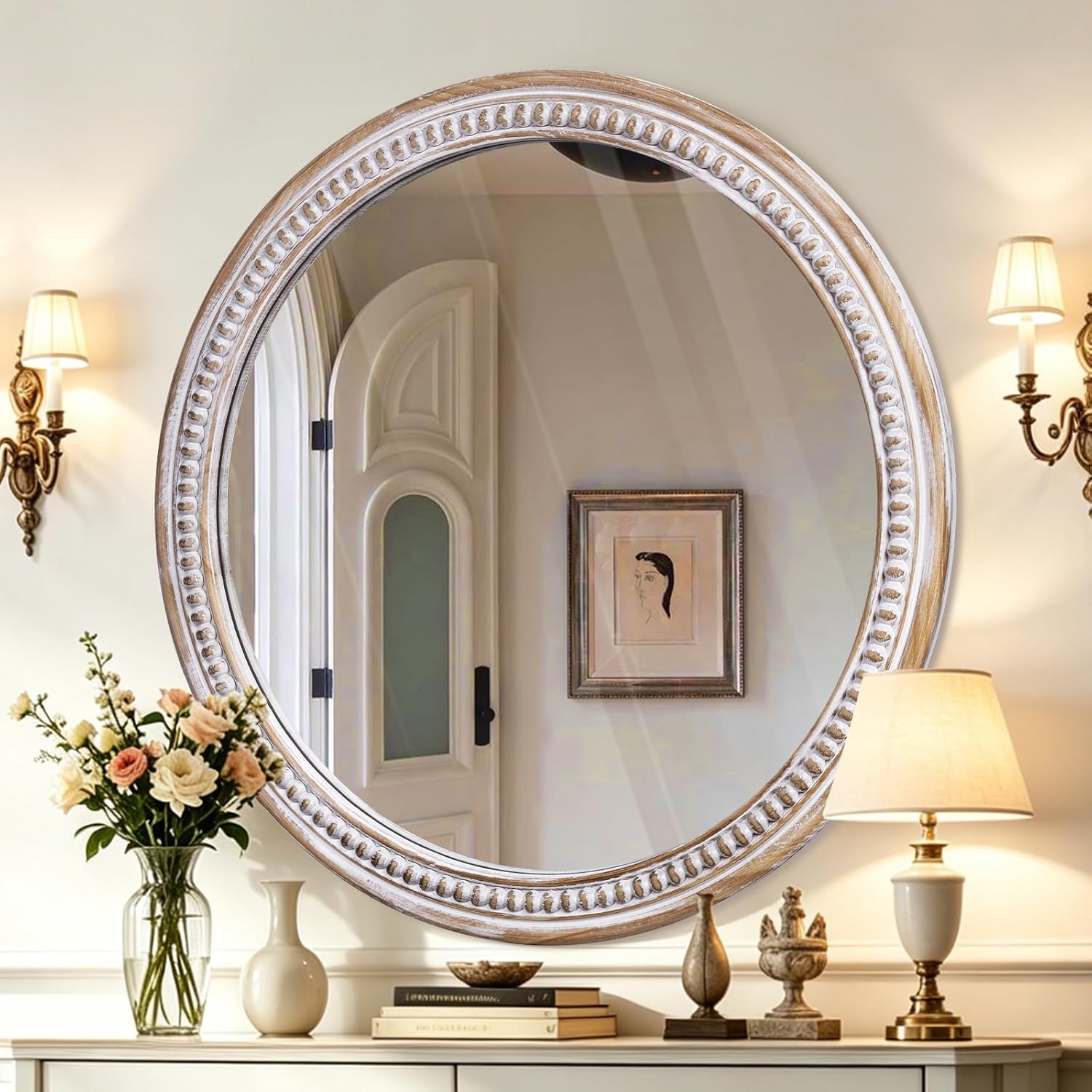 Round Farmhouse Wood Mirror — 36" — E - 36 in