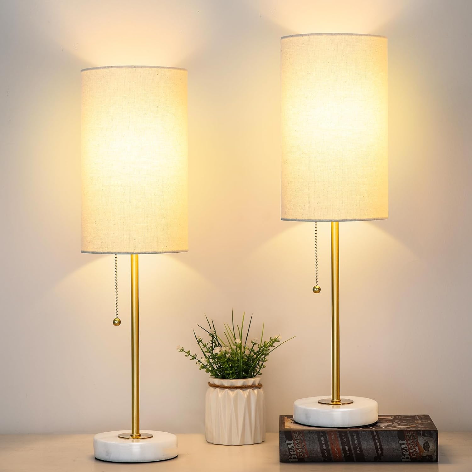 Dimmable Luxe Beige Bedside Lamp — 5" — Linen/Gold & Marble Base