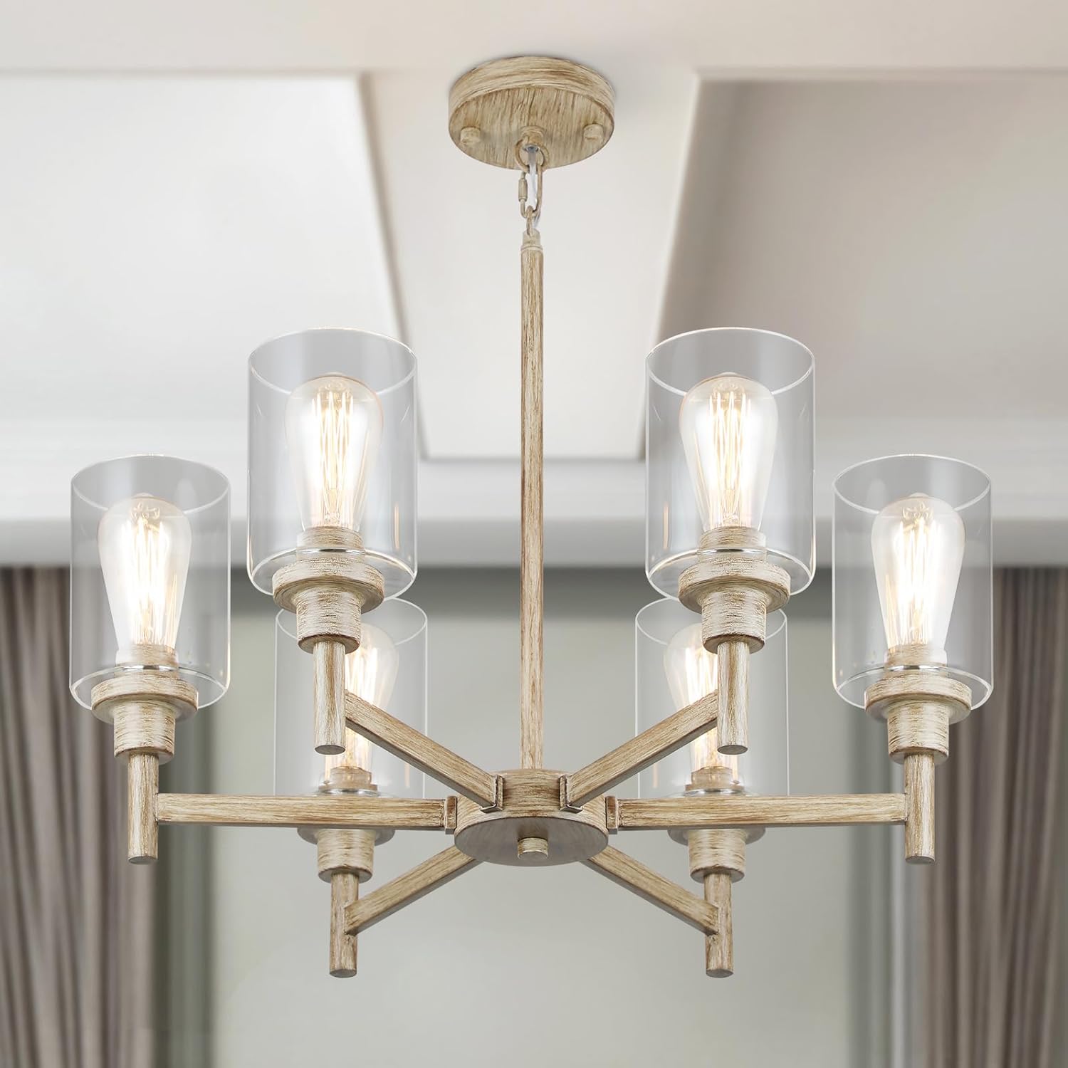 Farmhouse Black Chandelier — 34" — Faux Wood Texture