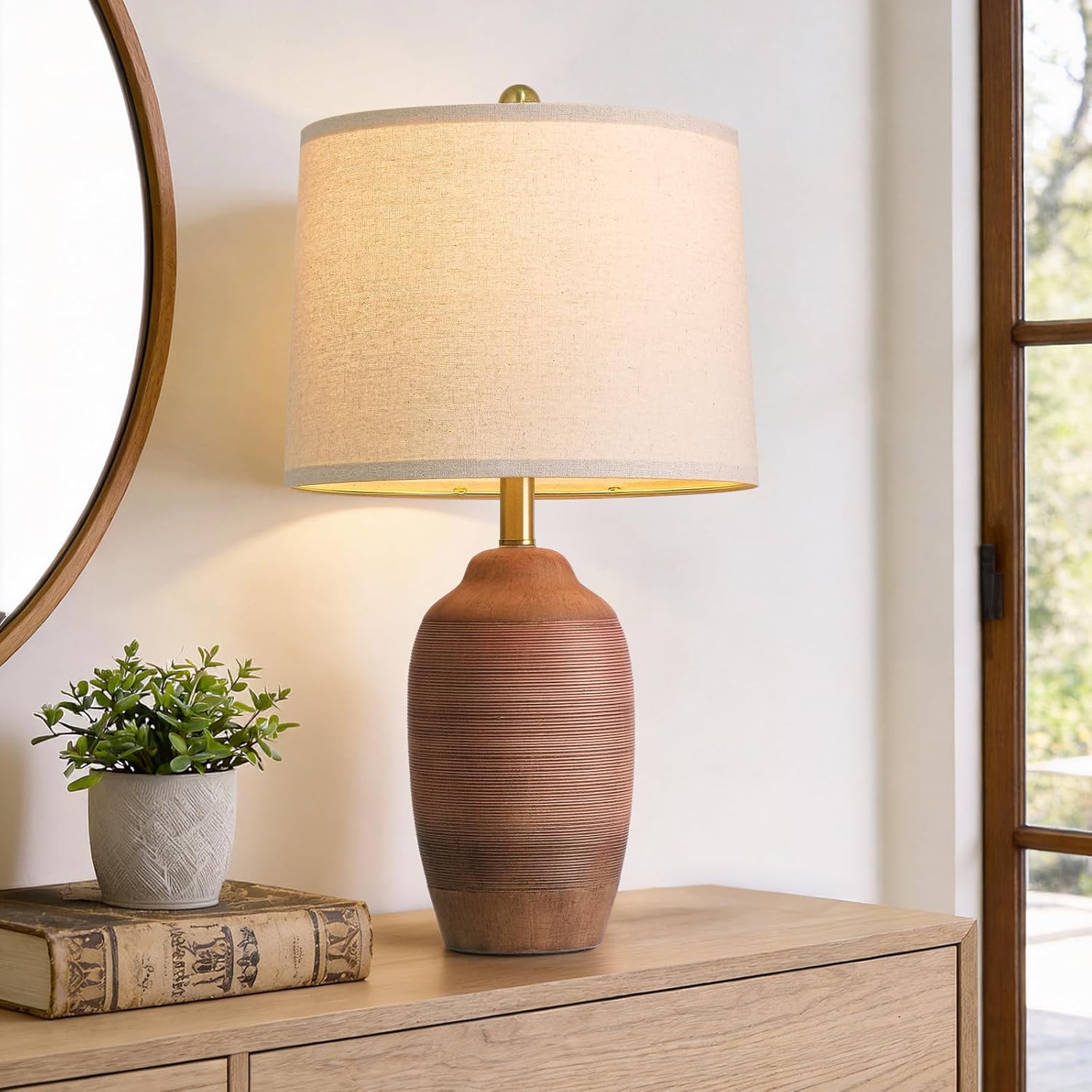 Vintage Farmhouse Beige Bedside Lamp — 24.5" — 24.5" Terracotta Brown-1