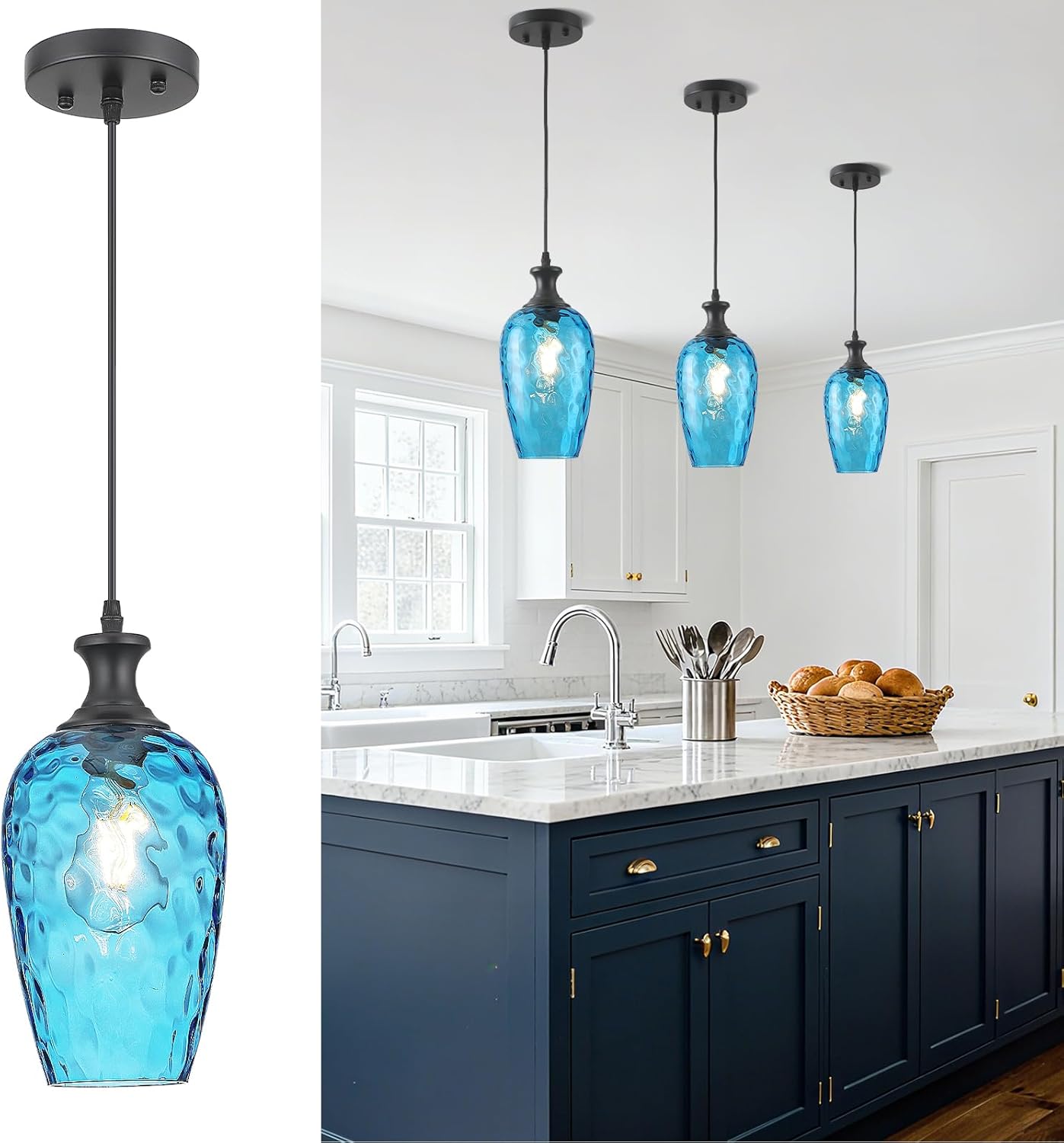 Farmhouse Black Pendant Light — 1-Light — Black + Blue Glass