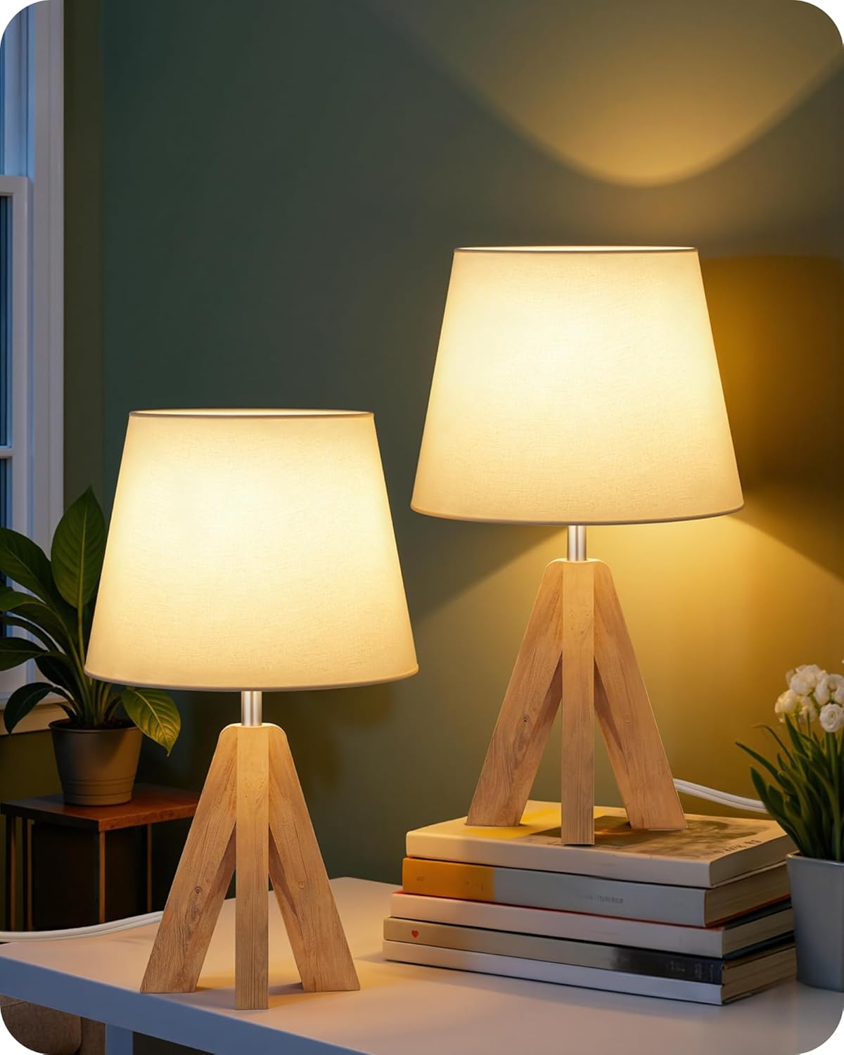 Linen Modern Beige Bedside Lamp — 6" — 2Pack White+Natural Wood