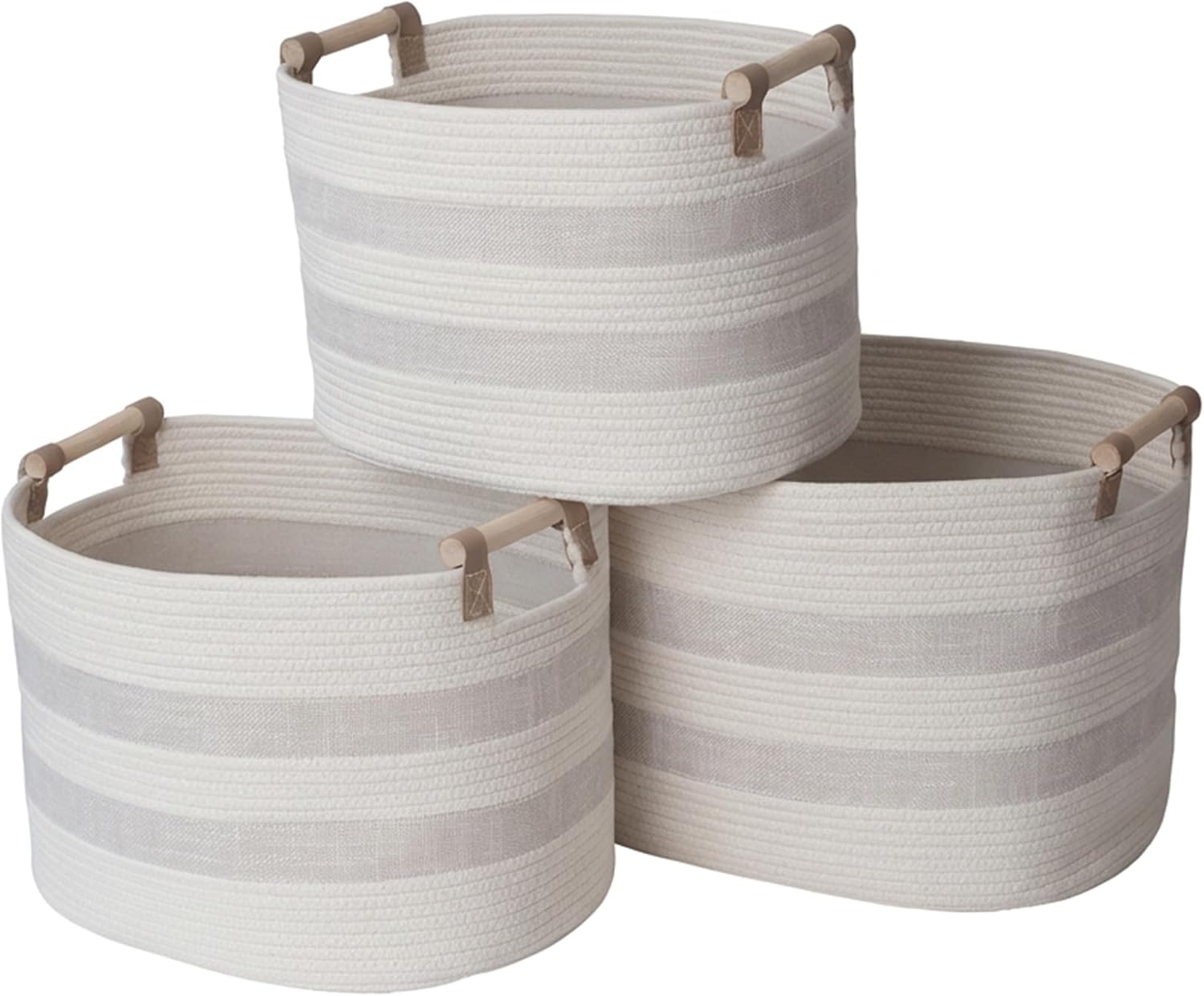 Linen Boho Beige Storage Basket — Set of 3 — Cream With Ivory Accents