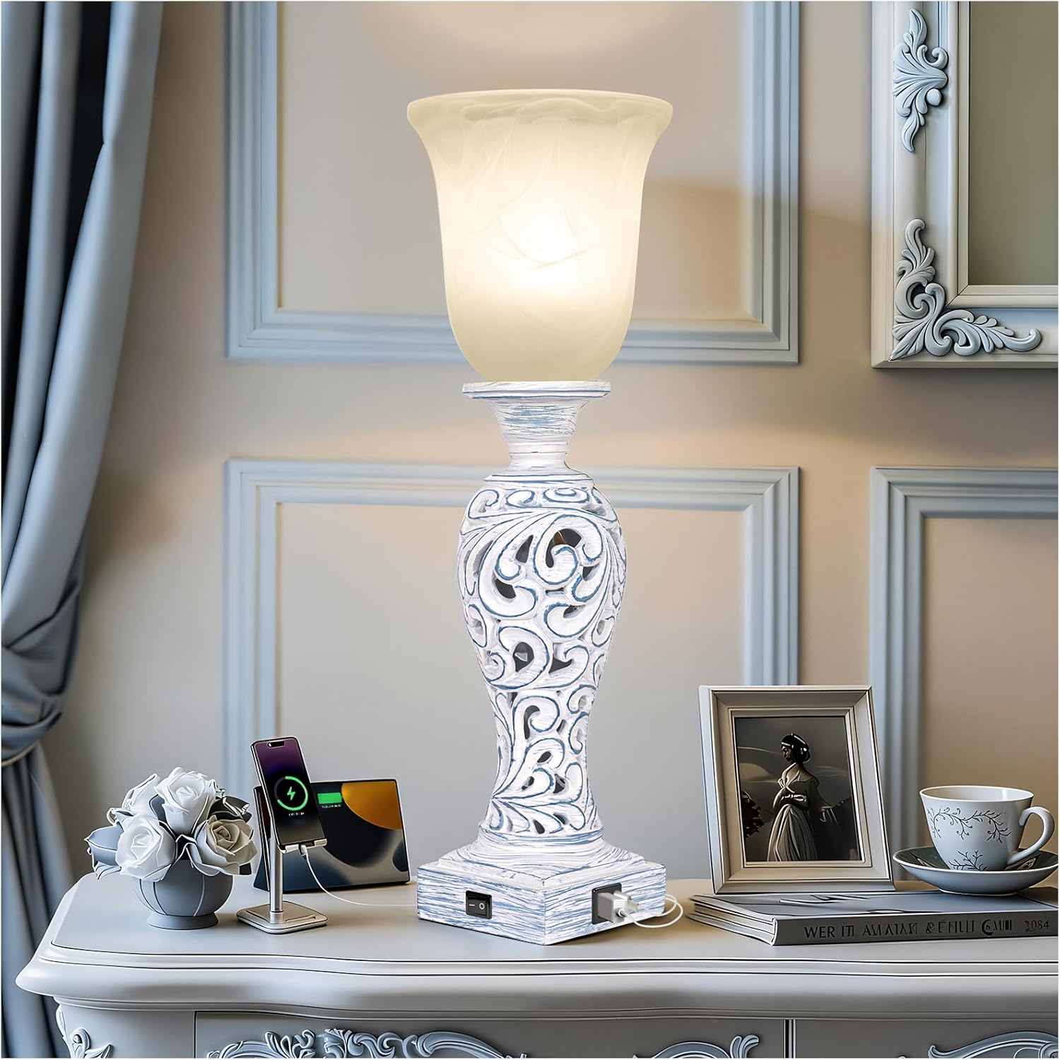 Dimmable Farmhouse Beige Bedside Lamp — 20" — Washed Blue-1 PCS