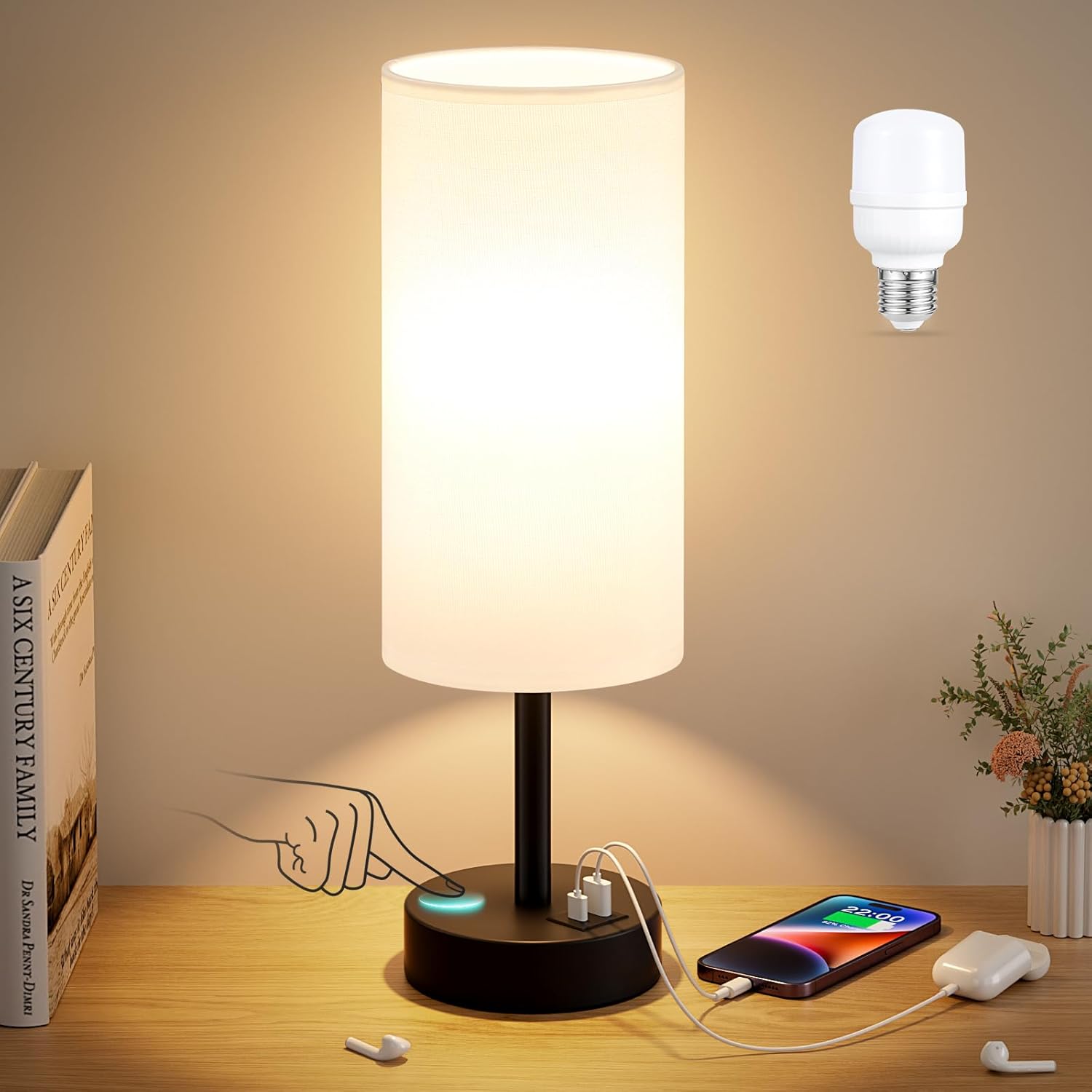 Dimmable Beige Desk Lamp — 14" — White & Black