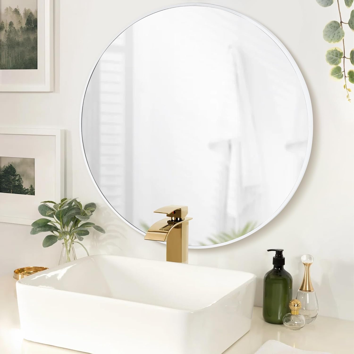 Round Farmhouse Beige Wall Mirror — 24" — 24"L x 24"W