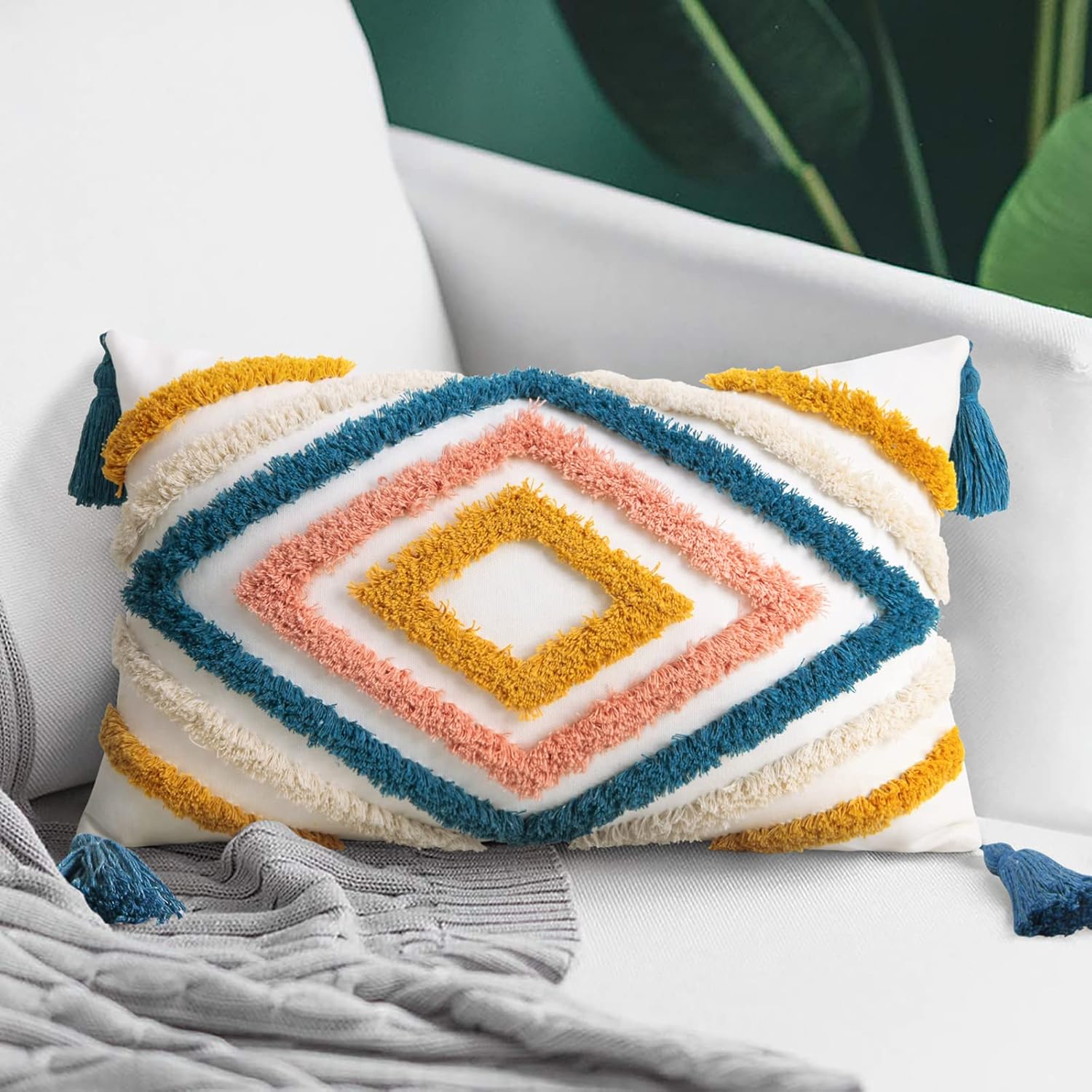 Tufted Boho Blue Throw Pillow Cover — 18" — Blue