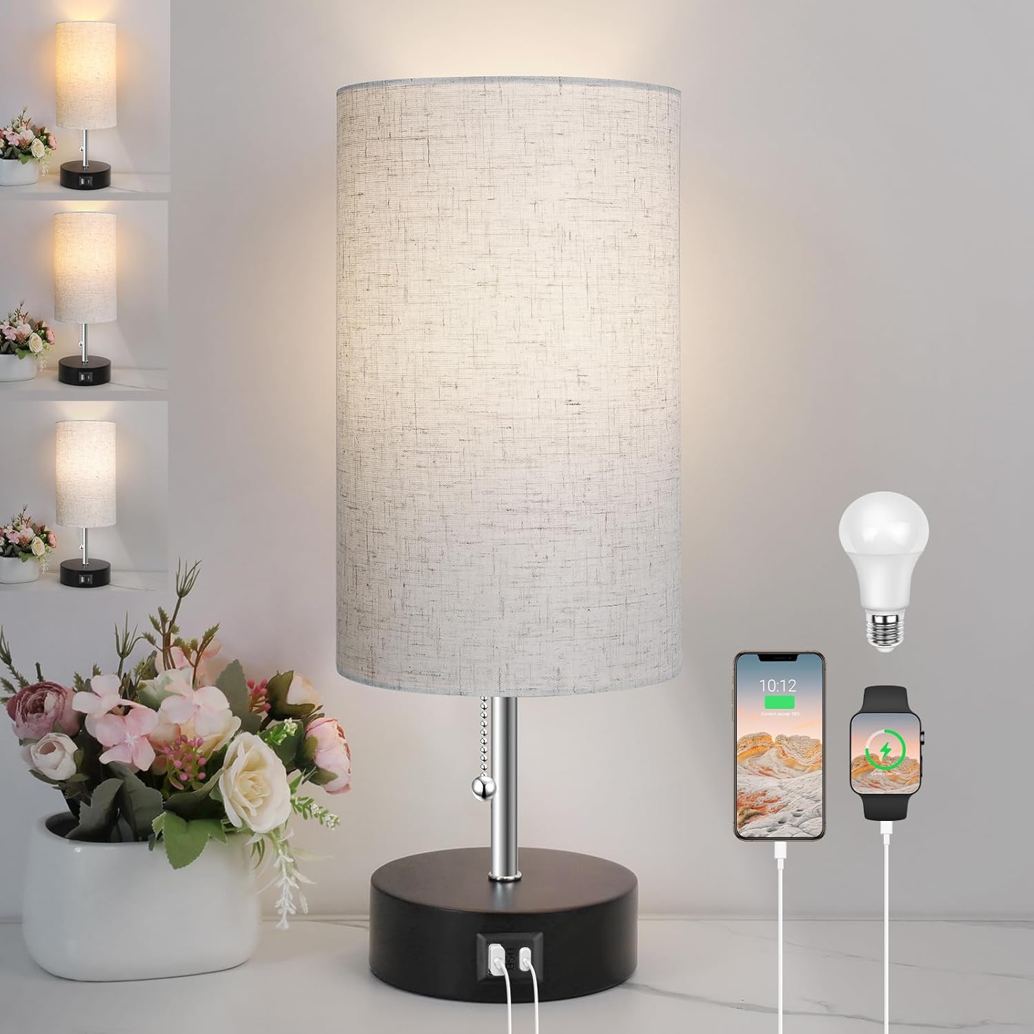 USB Beige Bedside Lamp — Cream