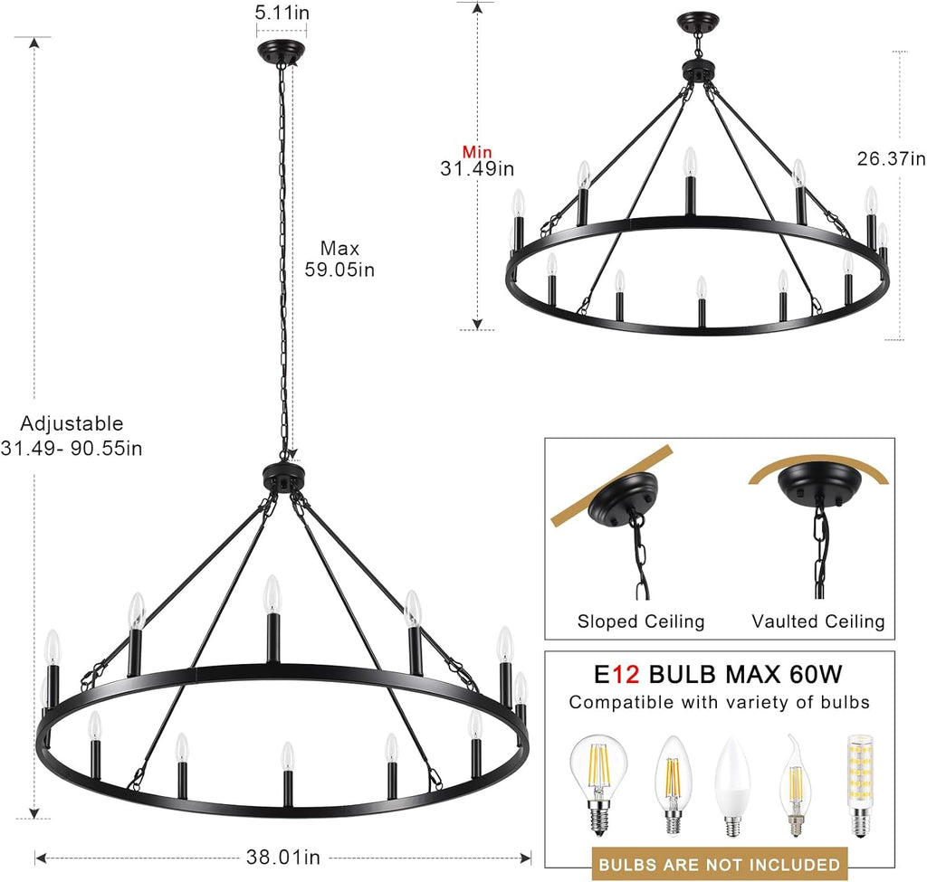 Round Farmhouse Black Chandelier — 12-Light - View 6