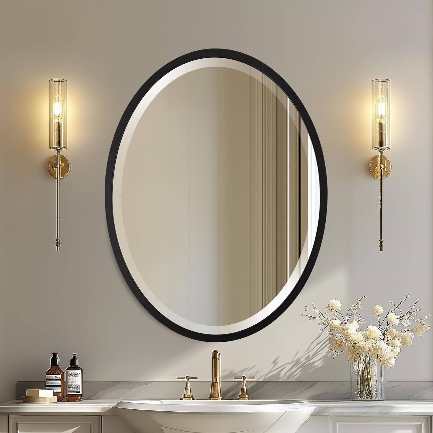Beveled Luxe Beige Wall Mirror — 31" — Matte Black