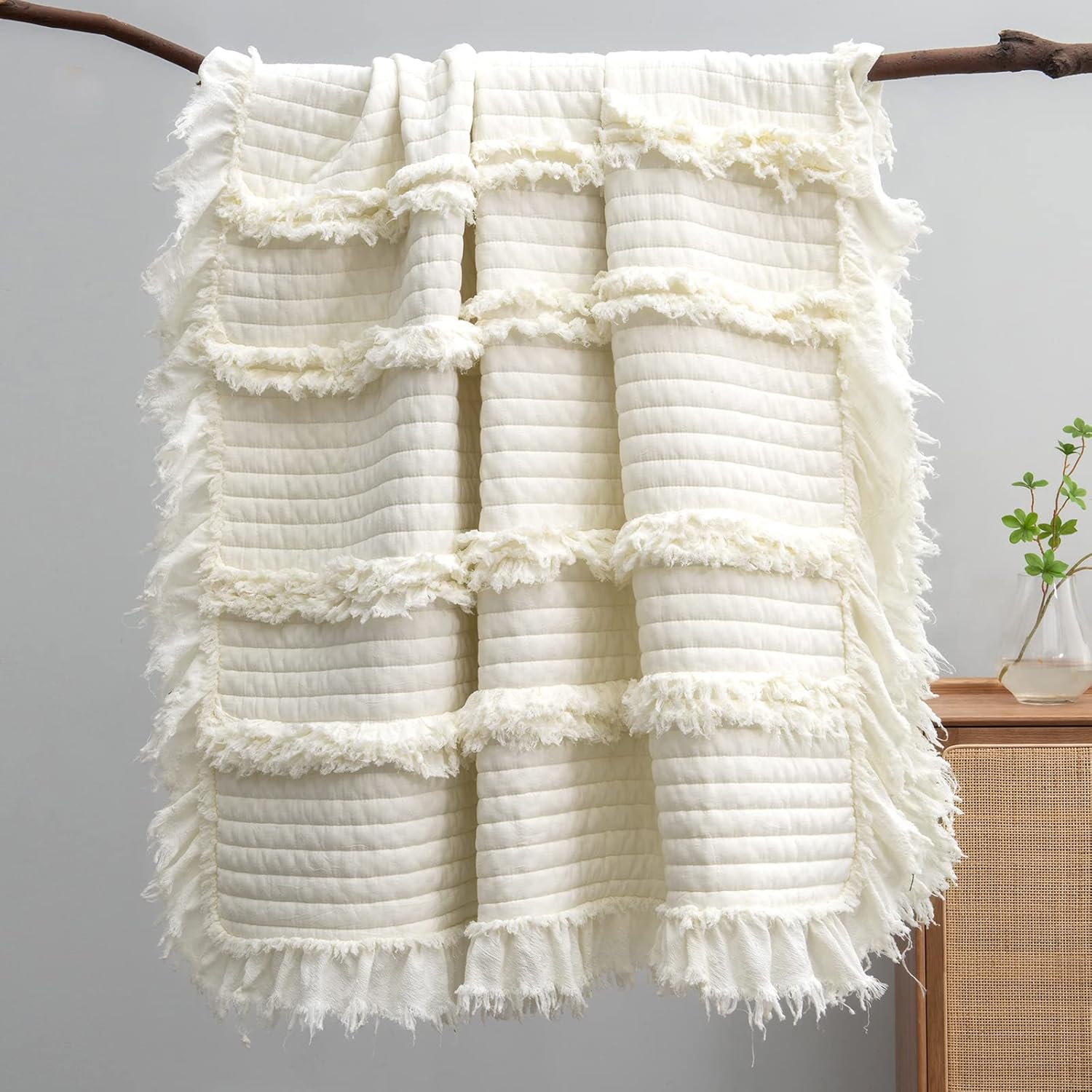 Fringed Boho Beige Throw Pillow — 50" — Cream